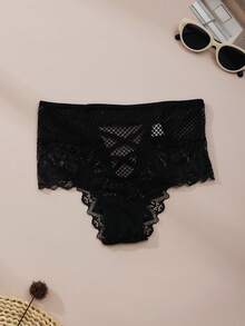1PC Women Mid Rise Floral Mesh Lace Panties, Crossed Back Detail, Hollow Back Sexy Everyday Panties,Versatile Triangle Underwear - Black - View 1