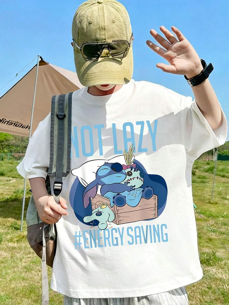 Disney Licensed Lilo & Stitch Lazy Napping Doll Print Tee, Funny Slogan Graphic Crew Neck Casual Tops - White - View 1