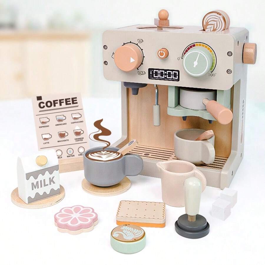Wooden Coffee Machine Toy Kitchen, Barista Role Play Set, Includes Cups And Accessories