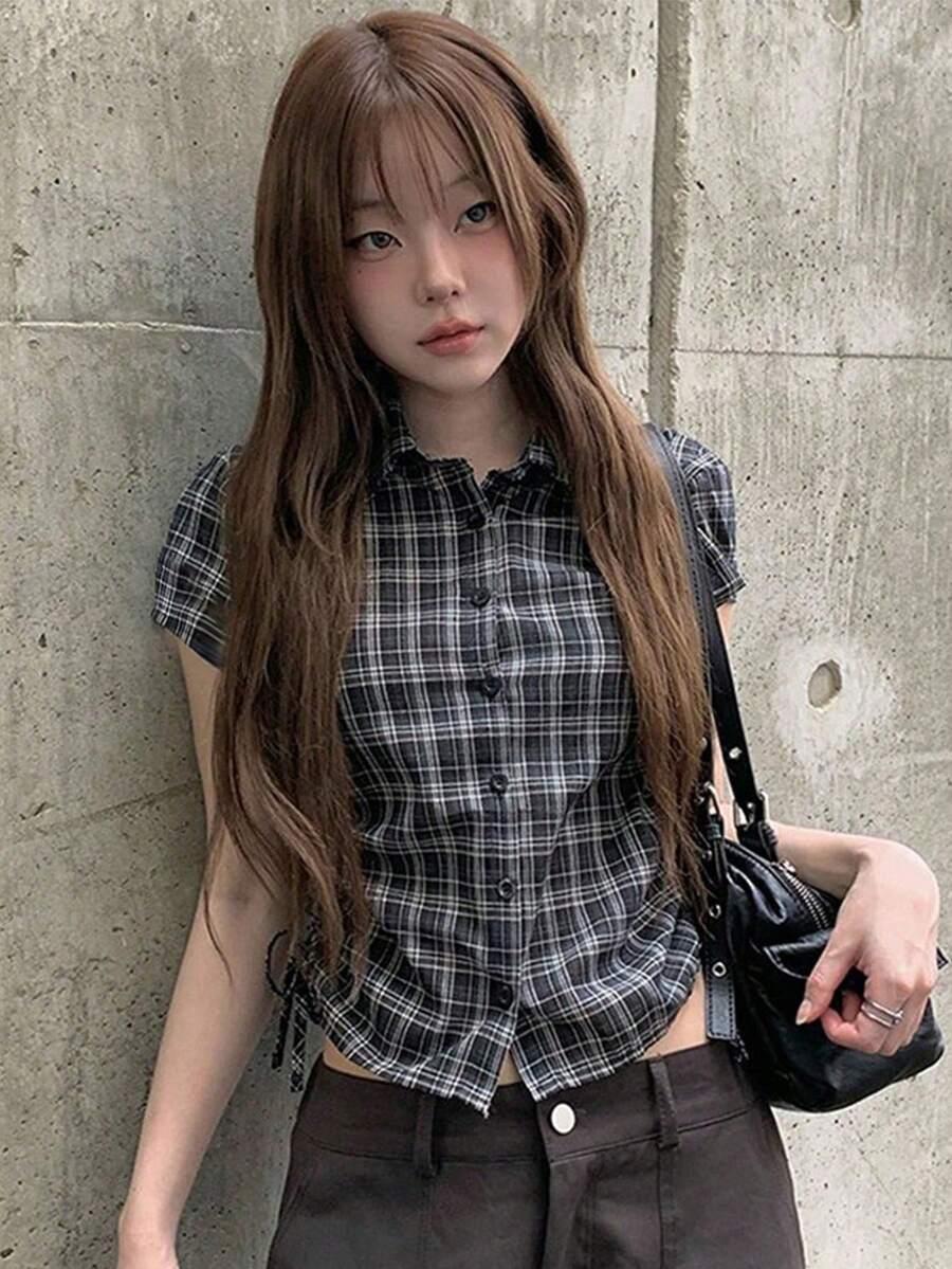 Women's Summer Design Plaid Versatile Casual Shirt - Black and White - View 1