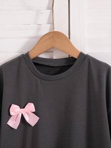 2 pièces/Set Top T-shirt à manches courtes et pantalon long tenue d'été pour filles, couleur unie avec décoration nœud 3D - Gris foncé - Voir 7