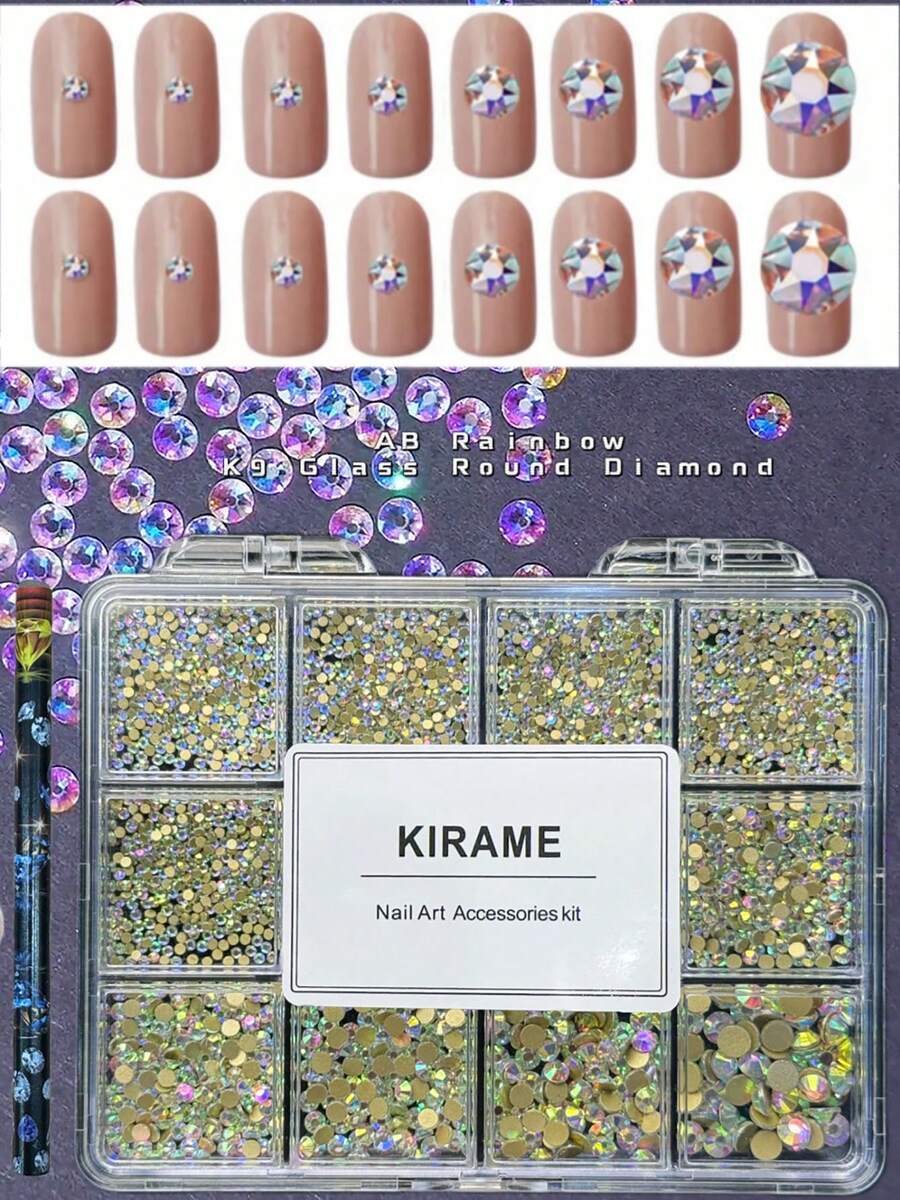 KIRAME 3000顆美甲平底AB極光圓形水鑽，超閃亮1.3-6.4mm美甲裝飾套組附1支點花筆，DIY居家美甲、美甲沙龍、美甲配件、美甲用品、美甲飾品、夏季與旅行美甲、節慶美甲