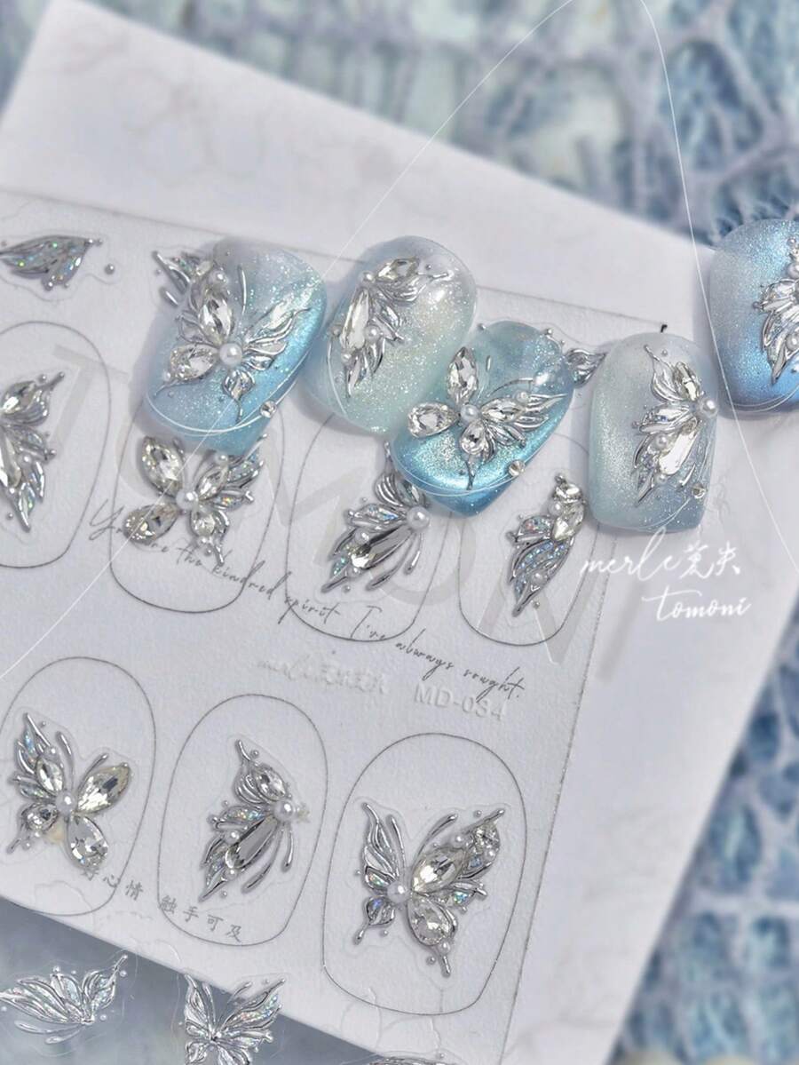 1pc 3D Silver Crystal Butterfly Nail Art High-End Luxury Accessory, Alloy Rhinestone DIY Nail Art Charm Decoration Nail Stickers - Multicolor - View 1