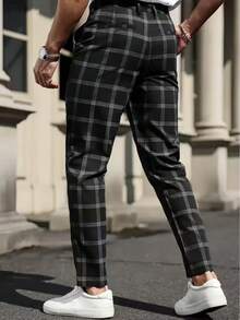 Tapered Fit Men's Plaid Casual Long Pants - Black - View 3
