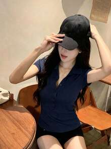 輕量女款 Polo 領短袖 T 恤 收腰內搭上衣 顯瘦優雅休閒夏季上衣 - 藏蓝色 - 查看 6