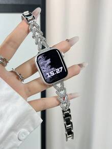 MAPUCE 1PC Luxury Style Eight-Figure Full Rhinestone Wheat Ear Band Compatible With Apple Watch 6 SE 2 7 8 9 10 - Silver - View 2