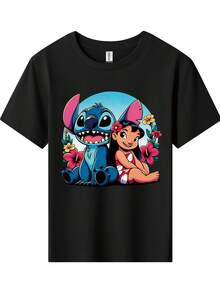Disney Stitch And Lilo Cartoon Graphic Tee For Girls Cute Short Sleeve T Shirt Soft Casual Summer Top Fun Character Print Daily Wear - 黑色 - 查看 2