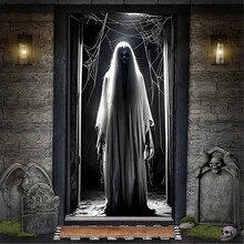 1pc Scary Ghost Halloween Door Decor, Polyester Material, Creates Eerie And Spooky Atmosphere, Size 35.4in*70.8in, Suitable For Bedroom, Living Room, Bathroom, Kitchen Door Decoration, Also Suitable For Home, Office, Bathroom Party, Halloween Decoration, Holiday Party Decoration - A - View 1