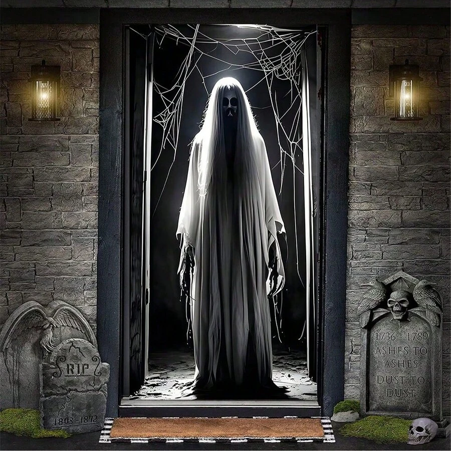 1pc Scary Ghost Halloween Door Decor, Polyester Material, Creates Eerie And Spooky Atmosphere, Size 35.4in*70.8in, Suitable For Bedroom, Living Room, Bathroom, Kitchen Door Decoration, Also Suitable For Home, Office, Bathroom Party, Halloween Decoration, Holiday Party Decoration - A - View 1