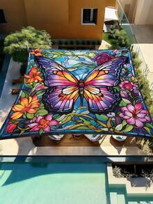 1pc Butterfly And Flower Print Design Sunshade, Outdoor Adventure Sunshade And Canopy, 2D Flat Printed Tent, Washable, Suitable For Garden, Camping, Beach And Other Multiple Scenes, Equipped With 4 Fixing Ropes And 4 Ground Stakes, Support Frame Not Included - Multicolor - View 8