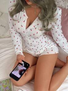 1件装女士碎花V领长袖连体裤 - 白色 - 查看 5