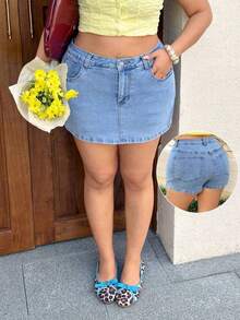 Pantalones cortos de mezclilla lavados informales para mujer de talla grande - Azul - Ver 2