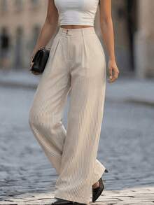 1pc Solid Color Polyester Ribbed Fabric Pleated Decor Women's Long Pants, Suitable For Office, Date, Daily Wear In Spring, Summer, Autumn - Apricot - View 2