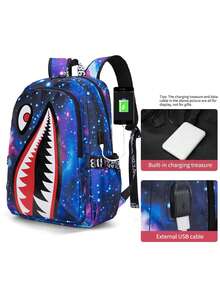 Shark Mouth Print Backpack With USB Charging Port, Large Capacity Laptop Bag For Gen Z Students, Back To School Campus Essential, Street Style, Trip - Multicolor - View 5