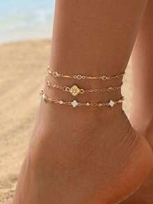 3 piezas Tobillera de moda multicapa con decoración de trébol y strass transparente para mujeres, adecuada para uso diario, fiestas, playa, vacaciones y viajes, cadena hecha a mano cortada a medida con número variable de cuentas - Dorado - Ver 1