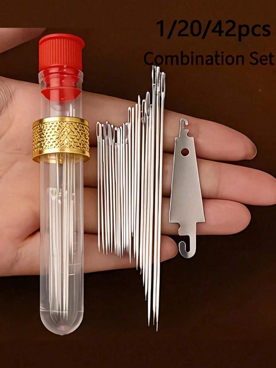 1/20/42件大眼針線穿線器套裝,傳統鋼針適合長者,手工縫製衣服與被子(隨機顏色針筒:紅色或藍色),精細針適用於手工縫製、衣服、被子、刺繡 - 多色 - 查看 1