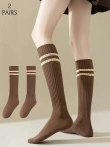 2 Pairs Women's Spring/Autumn Versatile College Style Compression Socks, Grey JK Mid-Calf Socks For Loafers, Youthful And Beautiful, Enhancing Leg Shape - Coffee Brown - View 6