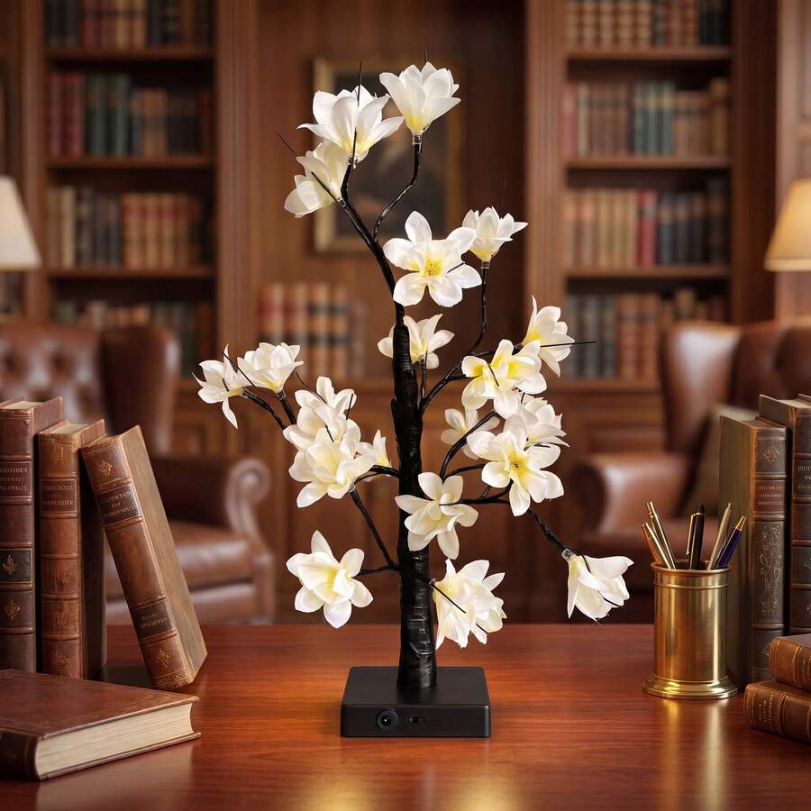LED White Magnolia Bonsai Tree Lamp, Warm Light Tabletop Flower Night Light, Adjustable Branches Home Decor Lamp For Bedroom Wedding Holiday Ornament, Battery & USB Powered - Warm white light - View 1