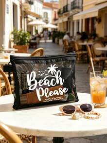 印有彩色「Beach_please」文字、椰子樹與海鷗圖案的沙灘網袋，沙灘主題 - 便攜式化妝包，大容量透明化妝包，可收納口紅與氣墊粉撲，海岸風格。輕巧易攜，耐用，夏威夷風格網狀化妝包，適合沙灘度假、夏季旅行、游泳、購物、健身、母親節、情人節、教師節、畢業季、開學季、齋月、女性旅行、短途旅行 - 彩色 - 查看 5