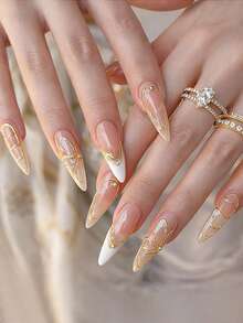 30pcs Long Almond Shaped French Floral Nail Stickers, Acrylic Nail Decals, Luxury Gold Line Butterfly And Metallic Bead Embellishments, Elegant Bridal Style, Suitable For Women And Girls Wedding Date Daily Commute Party Vacation Photo Nail Salon, Nail Art Supplies Nails - Multicolor - View 1