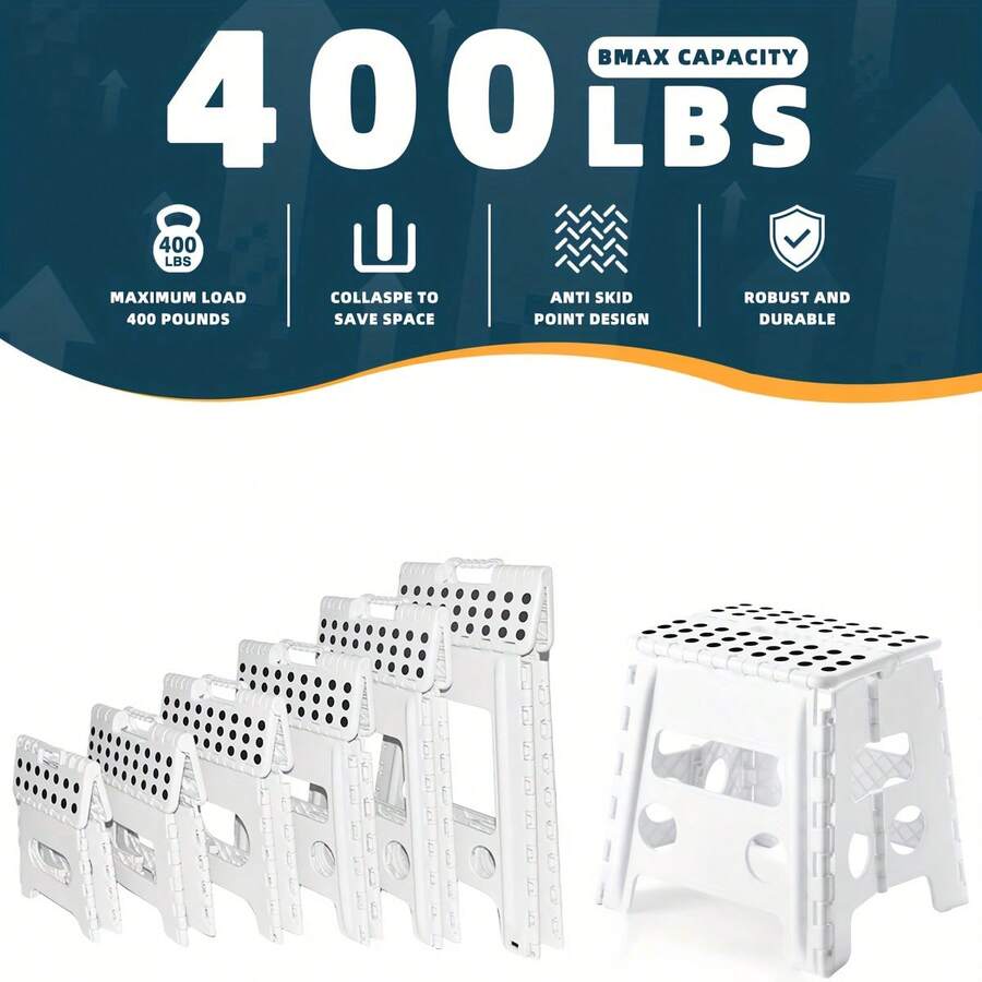 yoonispro 1pc Heavy Duty Folding Step Stool 7.5-18 Inch For Adults, Foldable & Storable Plastic Stool With Non-Slip Surface, Suitable For Kitchen, Bathroom, Bedroom (White, 7.5/9/11/13/16/18 Inch) - White - View 1