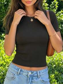 Solid Ribbed Crew Neck Short Sleeve Crop Tee, Slim Fit Basic Casual T-Shirt For Daily Summer Wear - Black - View 4