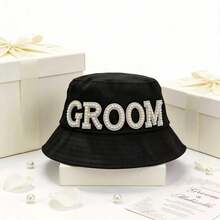 1pc Black Groom Bucket Hat, Pearl & Rhinestone Letter Decor Sun Protection Hat, Suitable For Groom Bachelor Party, Wedding, Honeymoon And Wedding Photography - View 1