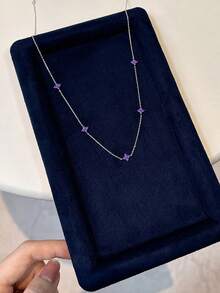 1pc New Fashion Silver Purple Zirconia Floral Chain Necklace Jewelry - Silver-purple Diamond - View 5