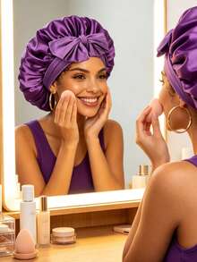 Solid Color Bow Ribbon Smooth Satin Women's Sleep Cap, Multiple Colors Available, Perfect For Curly Hair, Braids, Dreadlocks And Various Hairstyles. Comfortable And Casual, Suitable For Home, Daily Wear And Sleep. Unisex, This Nighttime Hair Care Product Keeps Your Hair Healthy All Night. Perfect Gift For Mother's Day - Coffee Brown - View 3