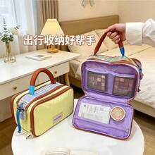 Bolsa de maquillaje de mano con diseño de bloques de color dopamina y patchwork de cuadros, organizador de artículos de tocador de viaje impermeable con compartimentos multicapa de gran capacidad - Morado - Ver 6