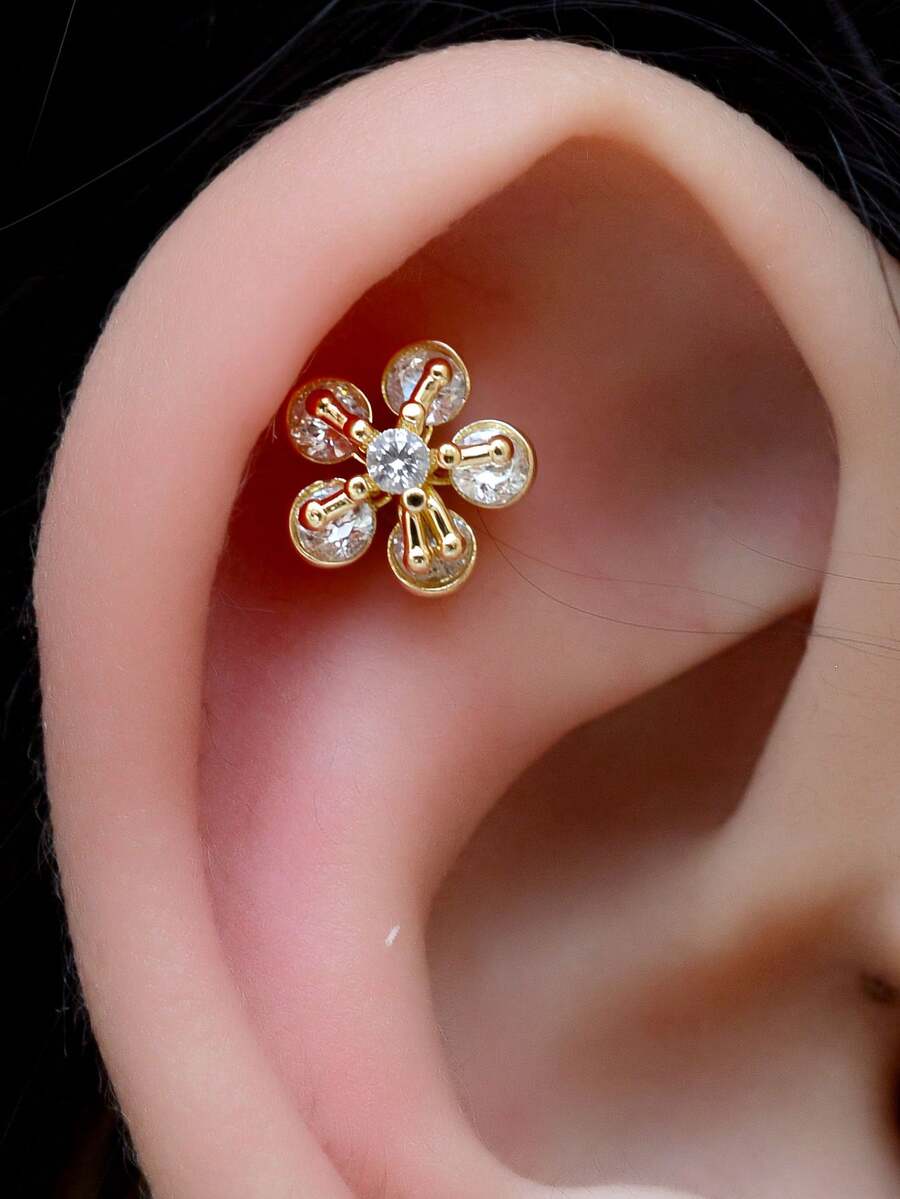 1pc Copper Cartilage Ear Stud With Tiny CZ Zirconia, 18K Gold Plated, Hypoallergenic Crystal Flower, Flat Back, Spiral Ear/Ear Cartilage/Ear Helix/Nose Stud, Piercing Jewelry 20G - A Pair Of Round Flower Earrings - View 1