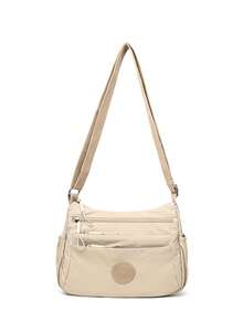 Casual Nylon Shoulder Bag With Adjustable Strap, Multi-Compartment Shoulder Bag, Solid Color, Zipper Closure, Polyester Lining, Lightweight Crossbody Bag Perfect For Daily Use - Khaki - View 2