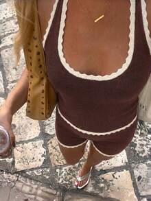 Conjunto de 2 piezas de punto color camello estilo Y2K para primavera/verano, top corto con cuello halter & shorts de cintura alta ajustados a la cadera, adecuado para citas & uso diario - Café rojo - Ver 6
