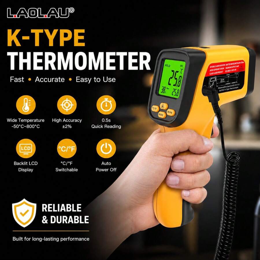 LAOLAU Digital Thermometer JD-05/JD-05K, Multi-Function Temperature Meter With Optional K-Type Probe, -50℃~800℃ Temperature Measurement, -50℃~300℃ Probe Measurement, Backlit LCD Display, ℃/℉ Switch, Data Hold, Cooking BBQ Kitchen Temperature Tester