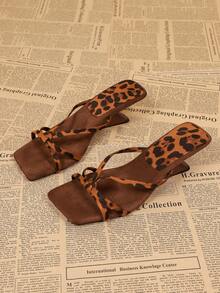 Square Toe Open Toe Wedge Leopard Print Women's Sandals, Comfortable Versatile Asymmetric Heel High Heel Sandals - Leopard - View 2