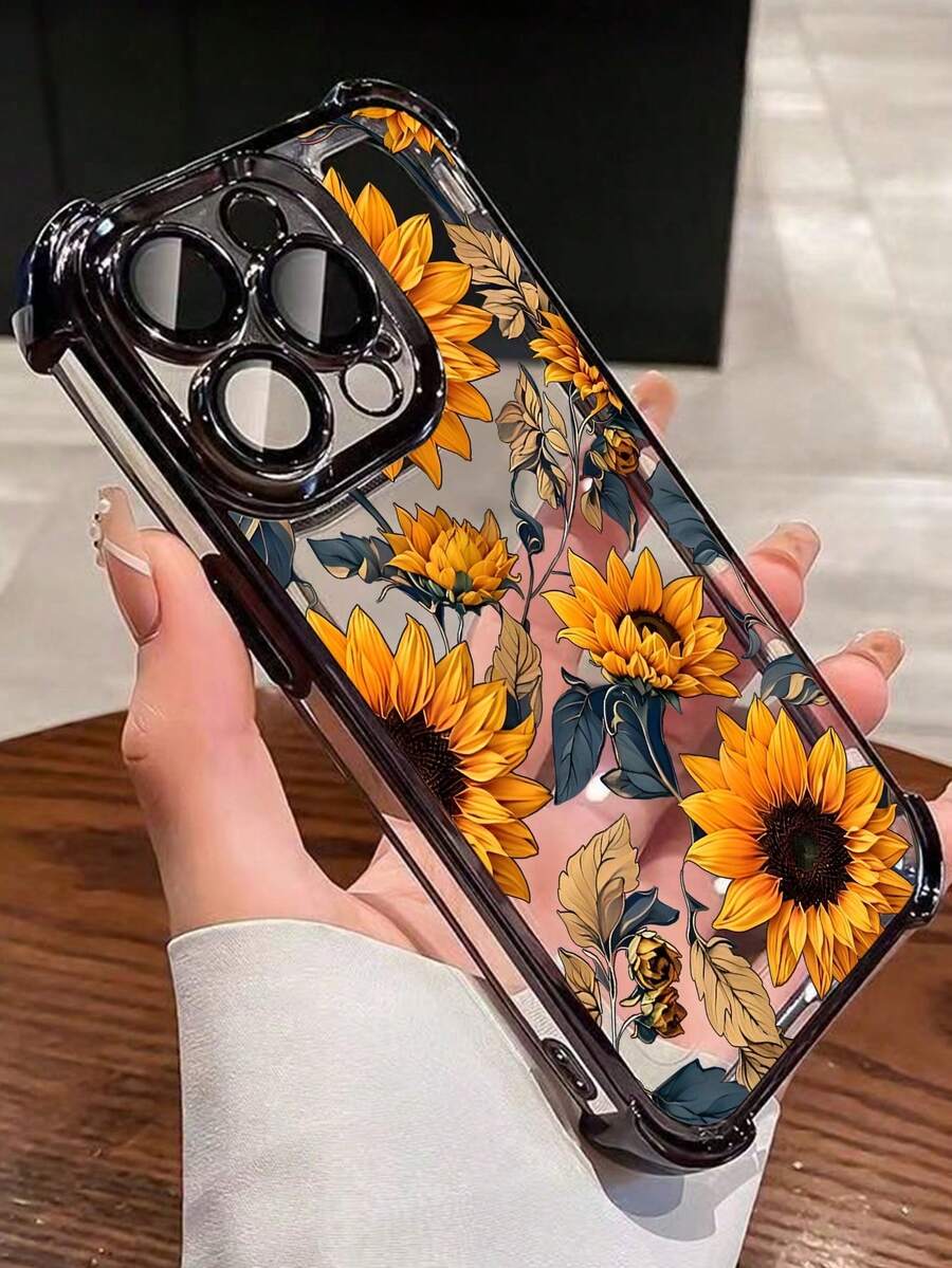 A Stylish Phone Case Does Not Include A Lanyard Or Stand. One Unit Of Thick, Shockproof, Clear TPU Protective Case With Air Cushions On All Four Corners, Featuring An Electroplated Sunflower Design, Compatible With /16promax/16pro/16/13promax/12promax11,15PROMAX,14PROMAX/,SAM//Note13pro/S23 Ultra/S24 Ultra/S25/A56. - 黑色 - 查看 1