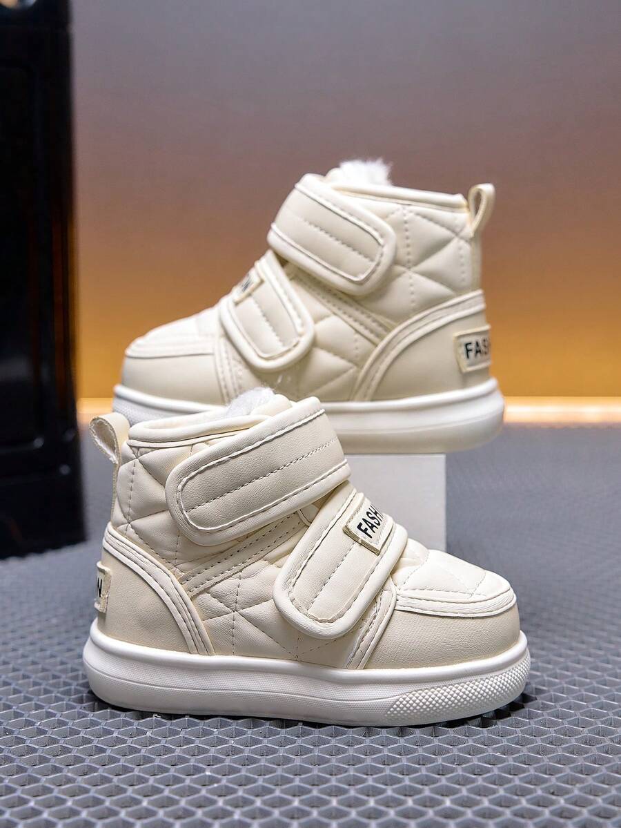 Autumn/Winter New Children's Thermal Lined Snow Boots, Unisex Baby Hook And Loop Boots, Thick Full Thermal Lined For Cold Protection And Heat Retention, Waterproof Diamond Quilted Leather Surface, Non-Slip Soft Sole, Toddler Walking Versatile Ankle Boots, Ideal For Daily Outings And Cold Weather - Beige - View 1