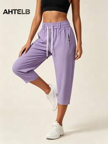 AHTELB Women's Summer Casual 3/4 Length Pants, Ice Silk Quick-Dry Breathable, Elastic Waist Drawstring Design Sports - Purple - View 3