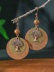 TopHanqi 1 Pair Bohemian Vintage Color-Block Layered Wooden Bead Earrings, Distressed Tree Of Life & Sun Flower Pattern, Multiple Styles Long Drop Earrings For Women - Multicolor - View 8