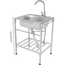 Freistehend Spültisch Edelstahl Spültisch mit Unterschrank 60x45x75cm Waschbecken Outdoor, Spüle mit Unterschrank 60kg Tragfähigkeit Multifunktions Waschtisch Edelstahl mit Heiß & Kalt Wasserhahn - Standard - Übersicht 3
