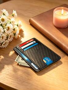 1pc Id Card Holder Wallet For Men, Anti Theft RFID Shielding Card Sleeve, Multi Slot Storage Card Bag,Carbon Fiber Textured Black Ultra-Thin Wallet - Multicolor - View 5
