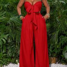 Red Tie Front Bandeau Top And Wide Leg Pants Women Holiday Outfit,Summer Sets - Red - View 2
