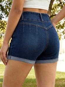 High Waisted Cuffed Denim Shorts For Women, Solid Color Washed Distressed Frayed Hem Hotpants Casual Summer - Deep Washed Blue - View 3