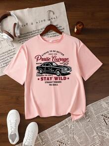 Camiseta Feminina Plus Size Vintage Clássica com Estampa de Corrida, Gola Redonda, Manga Curta, Top Casual Solto e Descontraído, Rosa, Verão - Rosa chiclete - Visão 2