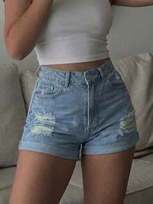 女款夏季休閒派對捲邊牛仔短褲 音樂節時尚性感彈性破洞緊身沙灘牛仔褲 附流蘇飾邊與口袋 - 淺色水洗藍 - 查看 5