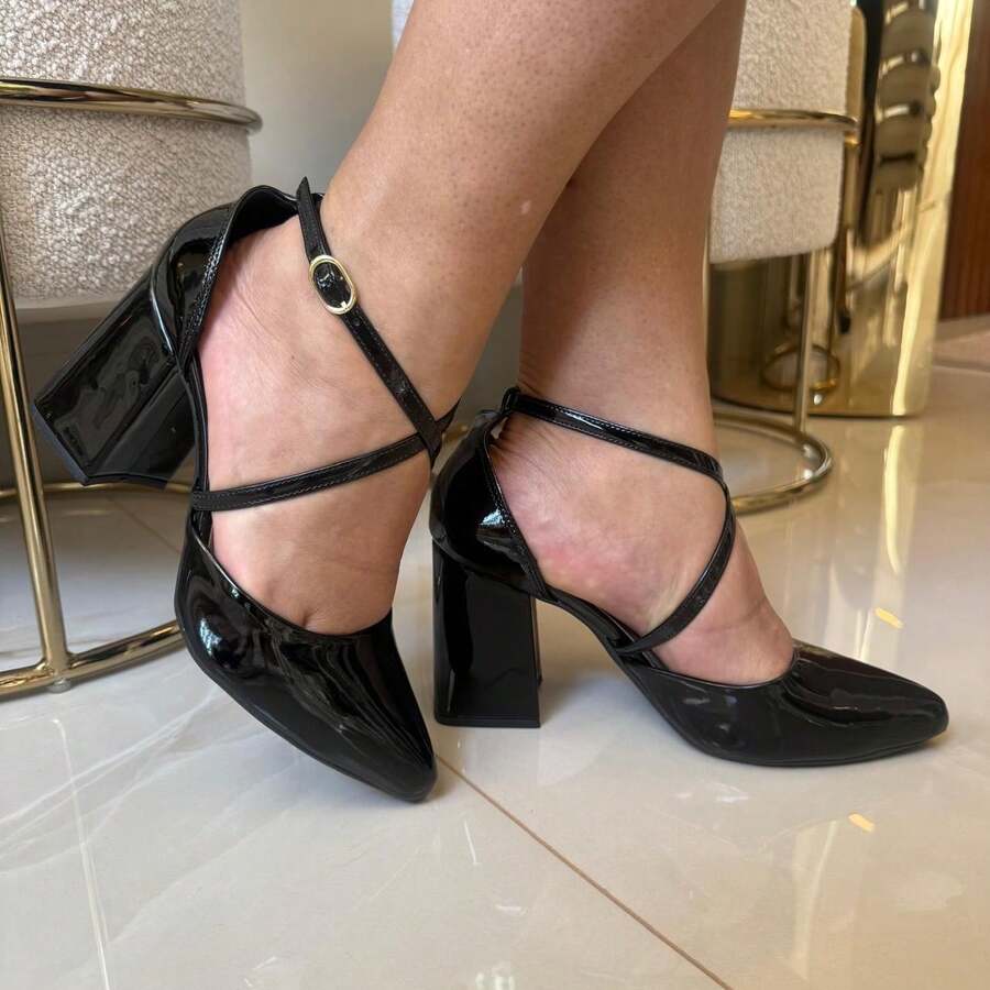 Women's High Heel Pump With Crossed Straps, 8 Cm Thick Heel, Elegant Shine, Original Show Show - 黑色清漆 - 查看 1