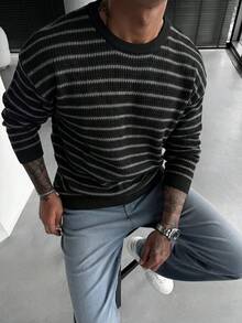 Vintage Fashion Contrast Color Striped Honeycomb Texture Multi-Scenario Innerwear & Outerwear Men's Crew Neck Sweatshirt - Black - View 5