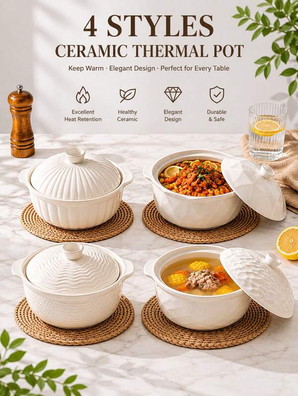 6 Styles Nordic Style Ceramic Soup Pot With Lid, Embossed Texture Double Handle Insulated Soup Bowl, Microwave/Oven/Dishwasher , Healthy And Durable, Suitable For Family Gatherings/Summer Parties/Stewing Soup And Noodles, Father's Day Gift, Highly Attractive Kitchen Tableware