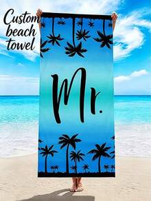 Toalla de playa personalizada con degradado azul y palmera, iniciales de nombre personalizadas, de microfibra de secado rápido y resistente a la arena para playa y viajes - Multicolor - Ver 1