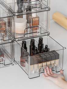 1/2/6PCS Clear Acrylic Stackable Storage Drawer Pull-Out Dustproof Visible Large Capacity Bathroom Vanity Cabinet Desktop Back To School Minimal Skincare Cosmetic Counter Organizer Container - Multicolor - View 3